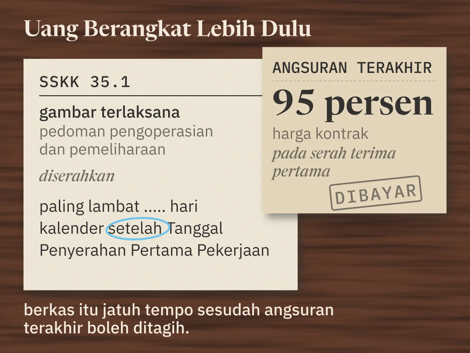 Lembar isian SSKK 35.1: gambar terlaksana serta pedoman pengoperasian dan pemeliharaan diserahkan paling lambat titik-titik hari kalender setelah Tanggal Penyerahan Pertama Pekerjaan, dengan kata setelah dilingkari pensil biru. Di atasnya kuitansi angsuran terakhir, 95 persen harga kontrak pada serah terima pertama, sudah dicap dibayar.
